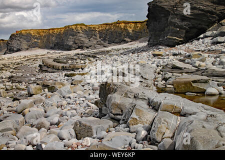 Le rocce su Kilve spiaggia vicino Oriente Quantoxhead nel Somerset, Inghilterra. Strati sovrapposti di roccia risalgono all'era giurassica e sono un paradiso per i combustibili Foto Stock