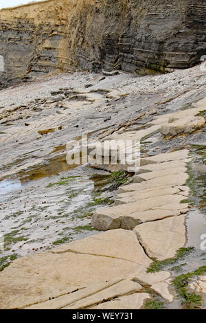 Le rocce su Kilve spiaggia vicino Oriente Quantoxhead nel Somerset, Inghilterra. Strati sovrapposti di roccia risalgono all'era giurassica e sono un paradiso per i combustibili Foto Stock