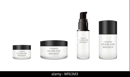 Bianco realistico il vasetto di vetro con coperchio in plastica per cosmetici - crema per il corpo, burro, scrub, foundation crema, gel, cura della pelle, in polvere. Prodotto Premium Illustrazione Vettoriale