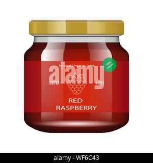 Marmellata di lamponi vasetto in vetro con marmellata e configurare. Illustrazione Vettoriale. Raccolta di imballaggi. Etichetta per inceppamento. Banca realistiche. Mock up vasetto in vetro con Illustrazione Vettoriale