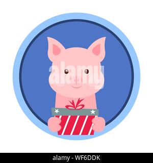 Scheda di Natale. Ritratto di rosa suino con confezione regalo. Funny cartoon faccia di un maiale. Illustrazione Vettoriale, Felice anno nuovo 2019. Illustrazione Vettoriale
