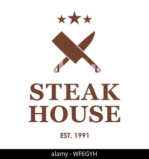 Steakhouse emblema con lame incrociate. Steak House o carne logo del negozio di modelli. Illustrazione Vettoriale. Illustrazione Vettoriale