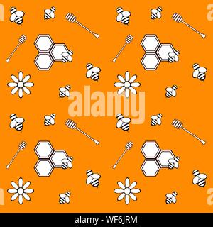 Modello senza soluzione di continuità con il miele, bee e fiori. Gli elementi di design. Illustrazioni vettoriali. Illustrazione Vettoriale