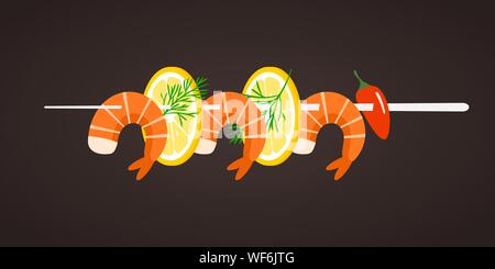 Grigliata di gamberi spiedini. Gustosi piatti freschi cotti i gamberi fritti piatto con fettina di limone, aneto e pepe. Sea Food concetto di nutrizione. Vettore cartoon piatto Illustrazione Vettoriale