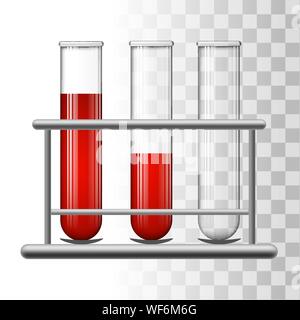 Medical provette con il sangue in rack. In vetro trasparente di palloni. Illustrazione Vettoriale. Illustrazione Vettoriale