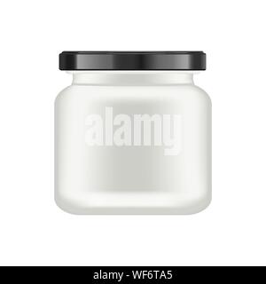 Realistica opaca di colore bianco opaco Vetro vaso con coperchio nero per i cosmetici - crema per il corpo, olio, scrub, gel, polveri. Confezionamento realistico mockup modello. Medical Illustrazione Vettoriale