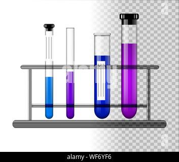 Provette con liquido su un supporto di vetro. Trasparente di flaconi di vetro con tappo. Illustrazione Vettoriale. Illustrazione Vettoriale