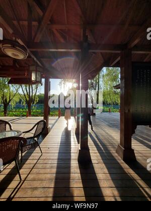 Pechino, Cina. Il 27 agosto, 2019. Mobile photo mostra una donna nei pressi di un laghetto di loto nel distretto Fangshan di Pechino, capitale della Cina, e il agosto 27, 2019. Credito: Wei Peiquan/Xinhua/Alamy Live News Foto Stock