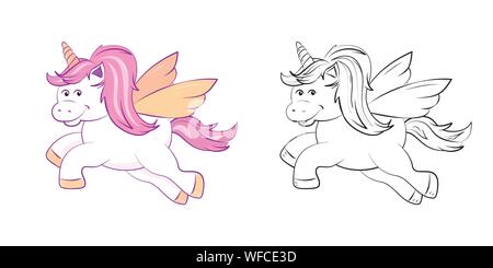 Un simpatico unicorno alato, in sfumature di pastello rosa, versione in bianco e nero al colore in. Versione stampabile delle pagine di attività per i bambini. EPS10 formato vettoriale Illustrazione Vettoriale
