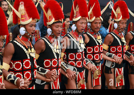 Naga tribesmen dalla tribù Yimchunger danza sulla Hornbill festival presso il Naga heritage village di Kisama, Nagaland Foto Stock