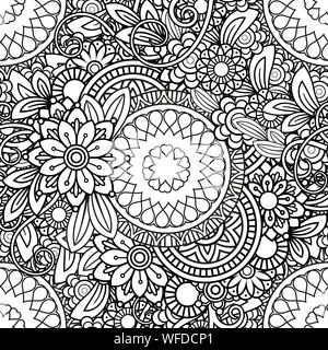 Disegnato a mano modello senza cuciture con foglie e fiori. Scarabocchi ornamento floreale. In bianco e nero di elementi decorativi. Perfetto per la carta da parati, adulti libri da colorare, pagina web background e texture di superficie. Illustrazione Vettoriale