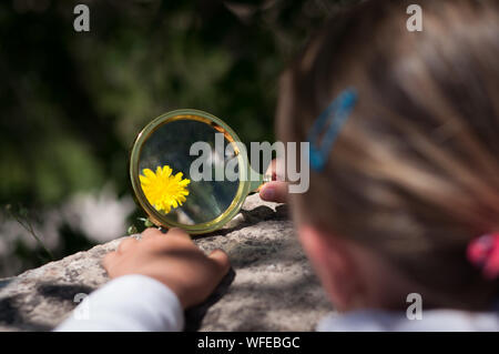 Ragazza il Explorer della natura con lente di ingrandimento Foto Stock