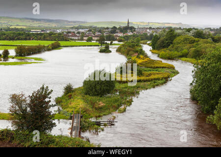 Garnock Valley, Regno Unito 31 agosto 2019. Dopo una notte di tempesta e la pioggia pesante, il fiume Garnock scoppiare le sue banche e ha allagato il Garnock vallata nei pressi del villaggio di Dalry, North Ayrshire, causando pericolo di alloggiamento e imprese, danni ai terreni agricoli e le chiusure della strada tra cui la A737, una strada di grande importanza in Glasgow. Credito: Findlay/Alamy Live News Foto Stock