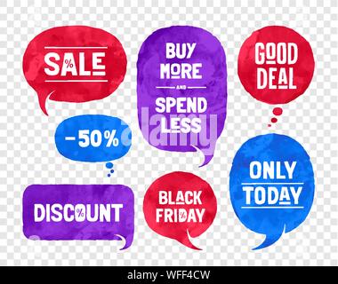 Gruppo di bolle, cloud talk, forme diverse per la vendita e i temi di sconto Illustrazione Vettoriale