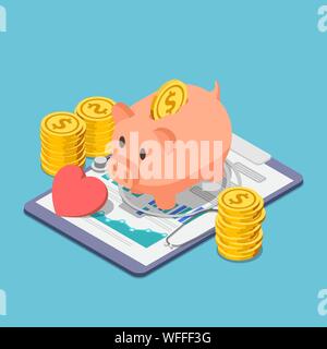 Appartamento 3D isometrica salvadanaio e stetoscopio con pile di monete. Salute finanziaria e l'assicurazione sanitaria concetto. Illustrazione Vettoriale