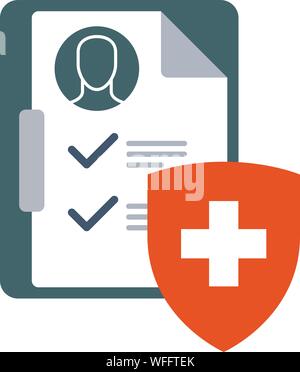 Assicurazione medica icona - clinical grafico o dossier e lo scudo con la croce Illustrazione Vettoriale