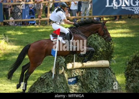 Luhmuhlen, Germania. 31 Agosto, 2019. Il 31 agosto 2019, Bassa Sassonia, Luhmühlen: sport equestri, eventing, campionato europeo: il tedesco eventing rider Ingrid Klimke su Hale Bob passa sopra un ostacolo nel cross-country la concorrenza. Foto: Friso Gentsch/dpa Foto Stock