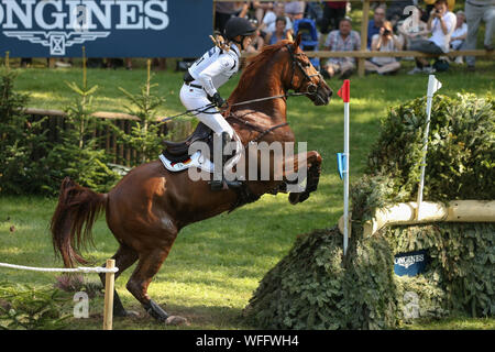 Luhmuhlen, Germania. 31 Agosto, 2019. Il 31 agosto 2019, Bassa Sassonia, Luhmühlen: sport equestri, eventing, campionato europeo: il tedesco eventing rider Sandra Auffahrt auf Viamant du Matz scorre su un ostacolo nel cross-country la concorrenza. Foto: Friso Gentsch/dpa Foto Stock