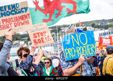 Aberystwyth Wales UK, sabato 31 agosto 2019. Oltre 500 persone marzo lungo il lungomare in Aberystwyth in segno di protesta contro il previsto 'anti-democratici " 5 settimana proroga del Parlamento nella preparazione Brexit alla fine di ottobre. Analoga protesta hanno avuto luogo in città e paesi di tutto il Regno Unito i manifestanti sono stati affrontati da ELIN JONES, Welsh Assembly stati e relatore del Parlamento gallese, e ben lago, il locale MP. ELIN JONES ha annunciato che sarebbe ricordando la Welsh Assembly la prossima settimana per consentire Welsh Assembly i membri a discutere di questo problema. Photo credit: Keith Morris/Alamy Live Foto Stock
