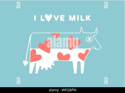 Felice mucca con la mammella e cuore rosso pieno di latte Illustrazione Vettoriale