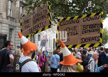 Anti Boris Johnson manifestazione davanti a Downing Street No 10, 31 agosto 2019, London REGNO UNITO Foto Stock