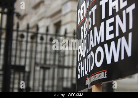 Londra, UK, 31 Agosto, 2019. I manifestanti si raccolgono al di fuori di Downing Street per protestare contro la proroga del Parlamento da parte del Primo Ministro Boris Johnson, Londra, Regno Unito. Credito: Helen Garvey/Alamy Live News Foto Stock