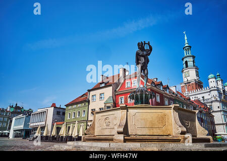 Fontana con la statua di Apollo nel vecchio mercato di Poznan Foto Stock