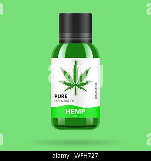 Realistico verde bottiglia di vetro con la cannabis. Mock up di olio di canapa estratti, compresse o capsule in vasi. La marijuana medica logo sull'etichetta. Vettore Illustrazione Vettoriale