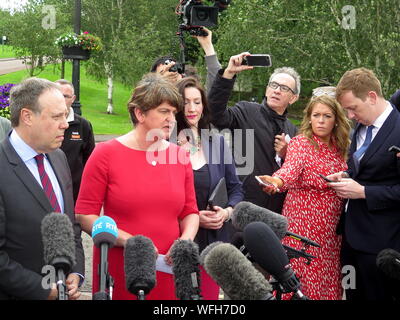 Arlene Foster parla di premere dopo l incontro con Boris Johnston a Stormont in Irlanda del Nord con: N Irlanda la DUP leader del partito Arlene Foster, centro colloqui alla media con DUP vice leader Nigel Dodds dove: Belfast N Ireland, Regno Unito quando: 31 lug 2019 Credit: WENN.com Foto Stock