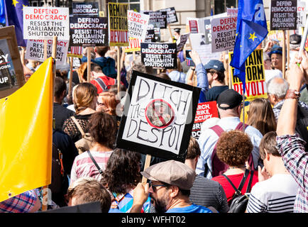 Migliaia di manifestanti a 'Stop il colpo di Stato, difendere la democrazia' protestare fuori a Downing Street, nel centro di Londra, UK, 31 agosto 2019 Foto Stock