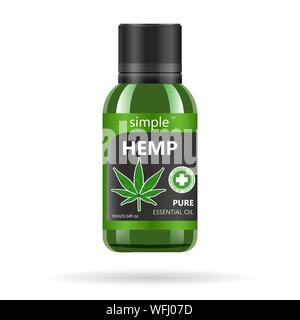 Realistico verde bottiglia di vetro con la cannabis. Mock up di olio di canapa estratti, compresse o capsule in vasi. La marijuana medica logo sull'etichetta. Vettore Illustrazione Vettoriale