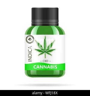 Realistico verde bottiglia di vetro con la cannabis. Mock up di olio di canapa estratti, compresse o capsule in vasi. La marijuana medica logo sull'etichetta. Vettore Illustrazione Vettoriale