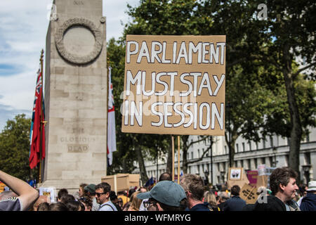 Londra, UK. Il 31 agosto 2019. Migliaia hanno marciato e centrale bloccato le strade di Londra in una manifestazione di protesta per la difesa della democrazia e contro la proroga del Parlamento. David Rowe/Alamy Live News. Foto Stock