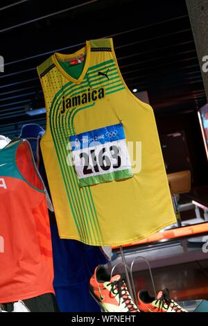 La Svizzera, nel Cantone di Vaud, Lausanne Ouchy district, il Museo Olimpico di Losanna, la maglietta di Usain Bolt, 200 m il campione olimpico di Pechino 2008 Foto Stock