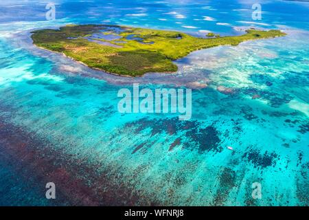 Francia, Caraibi, Piccole Antille, Guadalupa, Grand Cul de Sac Marin, cuore della Guadalupa National Park, Basse-Terre, vista aerea del Fajou isolotto e la più lunga barriera corallina (25 km) delle Piccole Antille, Riserva della Biosfera dell arcipelago di Guadalupa Foto Stock