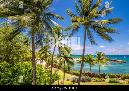 Francia, Caraibi, Piccole Antille, Guadalupa, Grande-Terre, Le Gosier, Creole Beach Hotel, vista del Petit cul-de-sac laguna dal balcone della camera Foto Stock