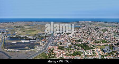 Francia, Vendee, Noirmoutier en l'Ile, la città e le paludi (vista aerea) Foto Stock