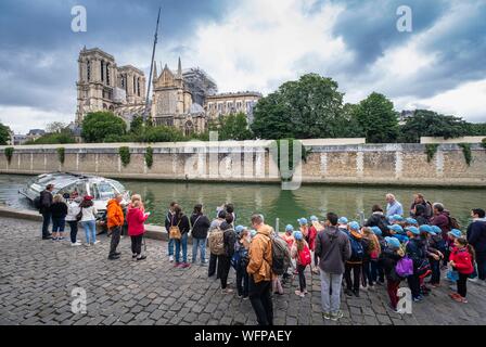 Francia, Parigi, le rive della Senna, sito del Patrimonio Mondiale dell'UNESCO, Ile de la Cité e la Cattedrale di Notre Dame dopo l'incendio del 15 aprile 2019 Foto Stock