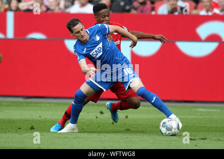 Sebastian Rudy di TSG 1899 Hoffenheim (L) e Wendell di Leverkusen sono visto in azione durante la Bundesliga match tra Bayer 04 Leverkusen e TSG 1899 Hoffenheim presso la Baia Arena.(punteggio finale; Bayer 0:0 TSG 1899 Hoffenheim) Foto Stock