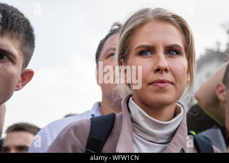 Mosca, Russia. 31st, Agosto 2019 Lyubov Sobol, un rifiuto del candidato indipendente nel prossimo Moscow City Duma (Mosca parlamento) elezione, durante una manifestazione non autorizzata contro la repressione politica su Pushkinskaya piazza nel centro di Mosca, Russia Foto Stock