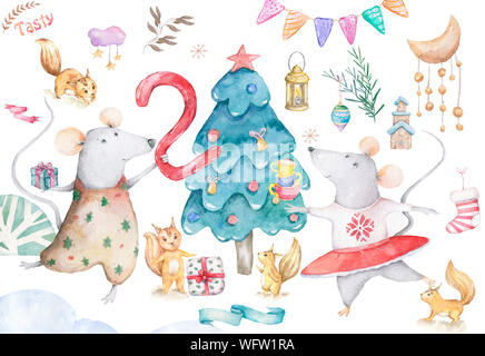 Bianco di cute di topo e ratto illustrazione. Simbolo 2020 caratteri ratto bianco santa, Angelo, Illustrazione disegnata in stile cartoon, Natale sfondo inverno Foto Stock