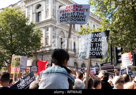 Londra, Regno Unito. Il 31 agosto 2019. Interrompere la dimostrazione di colpo di Stato contro il PM Boris Johnson di uso della proroga per abbreviare il tempo del Parlamento e aumentare la probabilità di un Brexit nessuna trattativa. Nella foto tra i manifestanti in Whitehall affacciato a Downing Street è una giovane ragazza (verso il retro) seduta sul suo padri spalle tenendo a difendere la democrazia resistere al Parlamento targhetta di arresto. Credito: Stephen Bell/Alamy Foto Stock