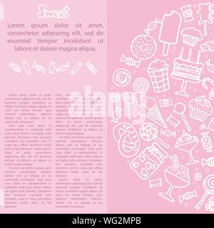 Set di candy, torte, dolci, gelati e dolci in stile scarabocchio. Disegnata a mano deliziosa raccolta di caramelle. Modello di progetto. Illustrazioni vettoriali. Illustrazione Vettoriale