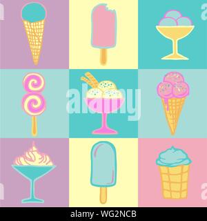 Gelato set di icone di stile di disegno. Colorate di crema ise collezione. Disegnata a mano illustrazioni vettoriali Illustrazione Vettoriale