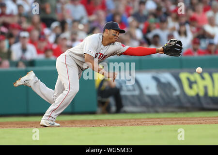 Anaheim, Stati Uniti d'America. 31 Agosto, 2019. Agosto 31, 2019: Boston Red Sox terzo baseman Rafael Devers (11) raggiunge per un rasoterra dalla distanza di terza durante la partita tra Boston Red Sox e il Los Angeles gli angeli di Anaheim presso Angel Stadium di Anaheim, CA, (foto di Peter Joneleit, Cal Sport Media) Credito: Cal Sport Media/Alamy Live News Foto Stock