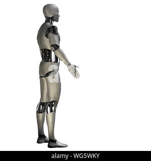Robot umanoide in piedi di fronte a uno spazio vuoto, cyborg isolati su sfondo bianco (3d lo sfondo dell'illustrazione) Foto Stock