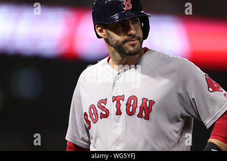 Anaheim, Stati Uniti d'America. 31 Agosto, 2019. Agosto 31, 2019: Boston Sox rosso a sinistra fielder J.D. Credito: Cal Sport Media/Alamy Live News Foto Stock