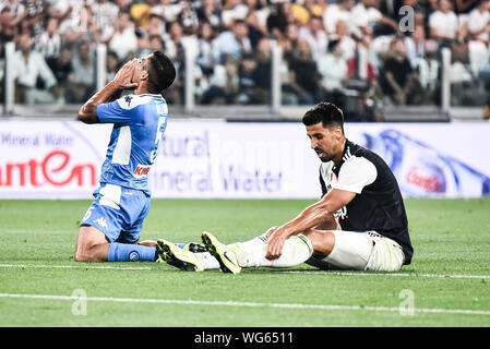 Torino, Italia. 31 Agosto, 2019. Allan delusione durante la serie di una partita di calcio tra Juventus e Napoli. La Juventus ha vinto 4-3 su Napoli, presso lo stadio Allianz, a torino, Italia il 31 agosto 2019 (foto di Alberto Gandolfo/Pacific Stampa) Credito: Pacific Press Agency/Alamy Live News Foto Stock