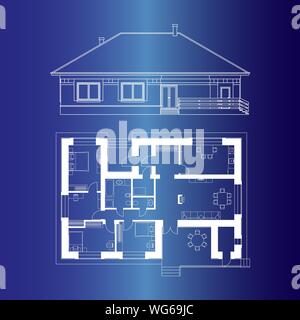 Progetto architettonico di una casa. Il disegno della facciata e il piano di pavimento del cottage. Vettore illustrazione realistica. Illustrazione Vettoriale