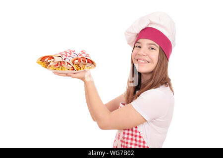 Happy girl cook con gyros pita fast food sulla piastra Foto Stock